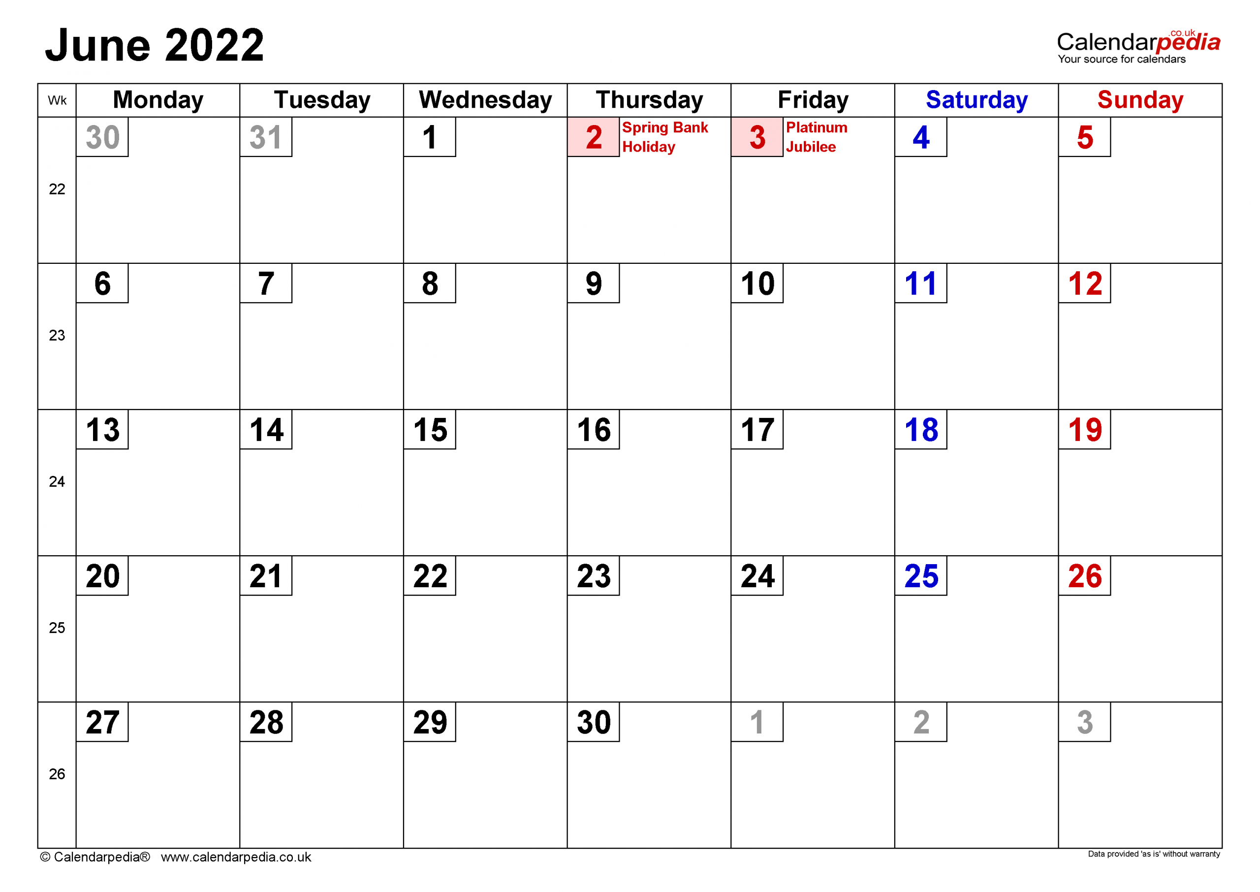 Calendar June 2022 Uk With Excel, Word And Pdf Templates