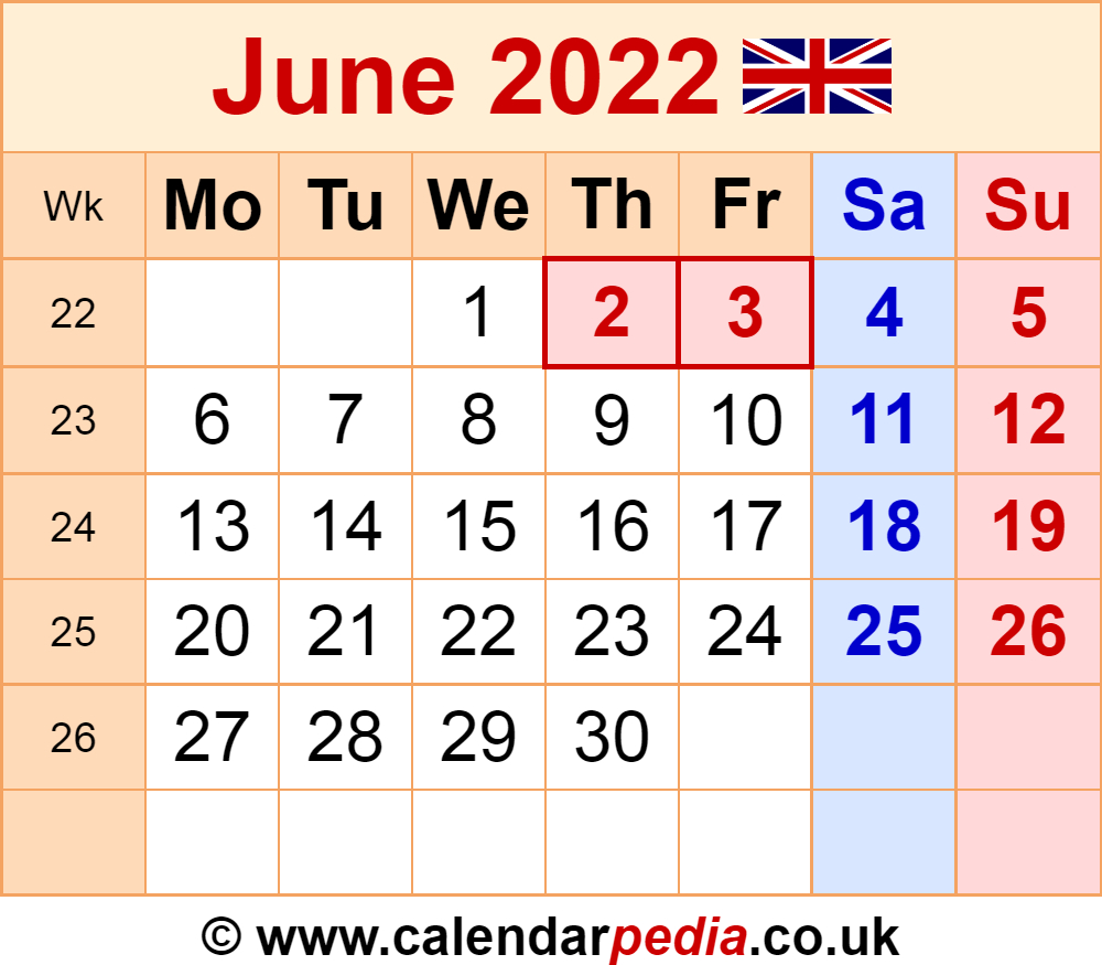 Calendar June 2022 Uk With Excel, Word And Pdf Templates