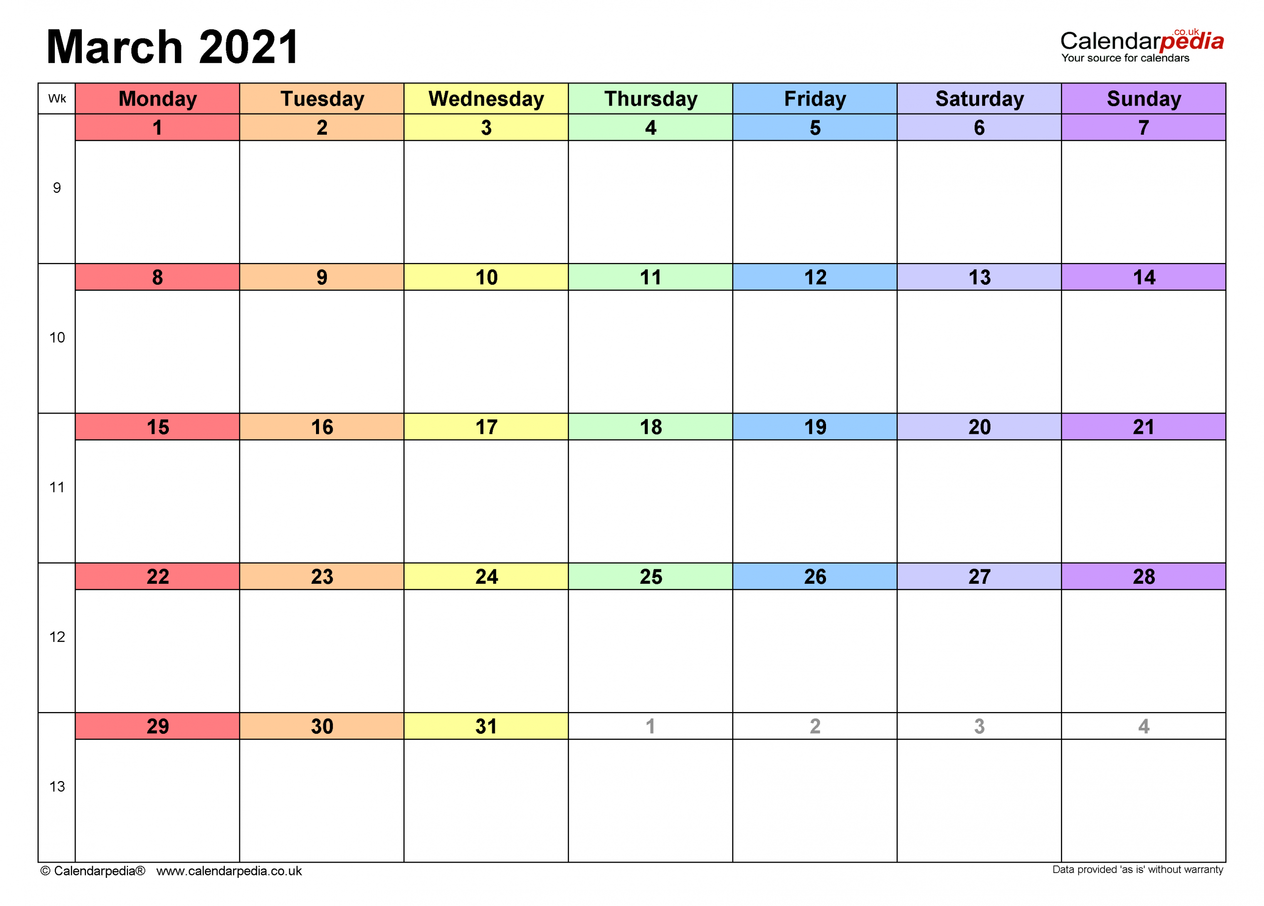 Calendar March 2021 Uk With Excel, Word And Pdf Templates