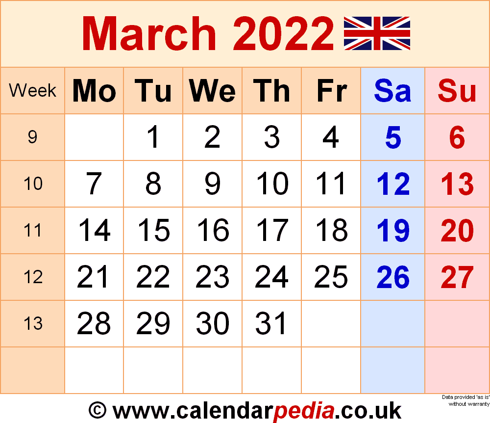 Calendar March 2022 Uk With Excel, Word And Pdf Templates