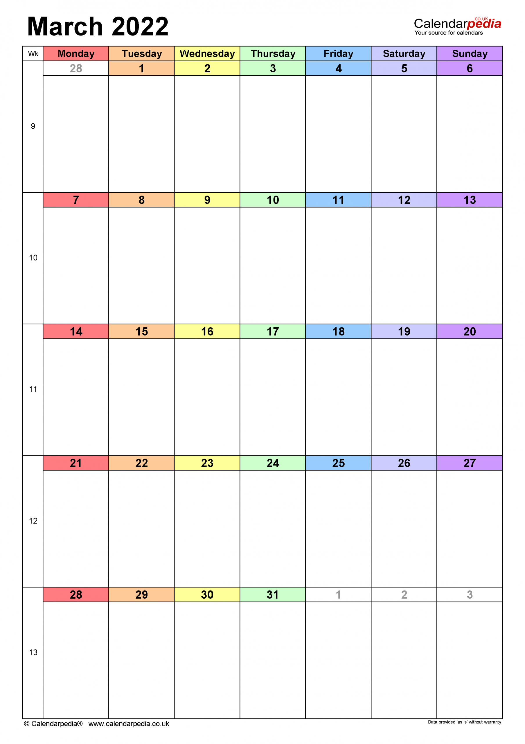 Calendar March 2022 Uk With Excel, Word And Pdf Templates