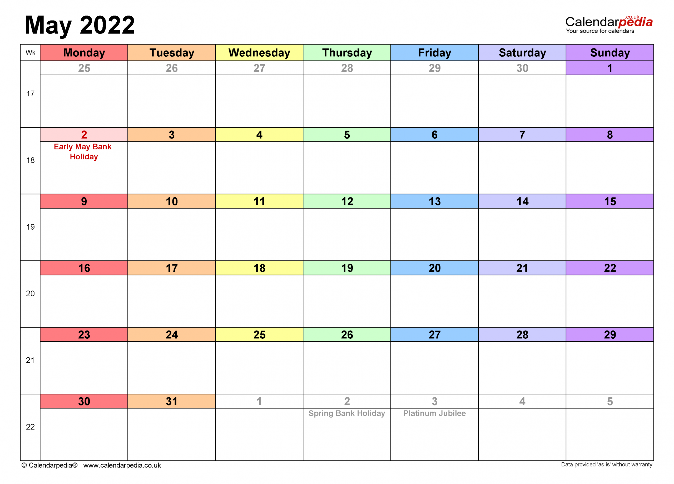 Calendar May 2022 Uk With Excel, Word And Pdf Templates