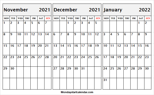 Calendar Nov 2021 To Jan 2022 - November Calendar 2021
