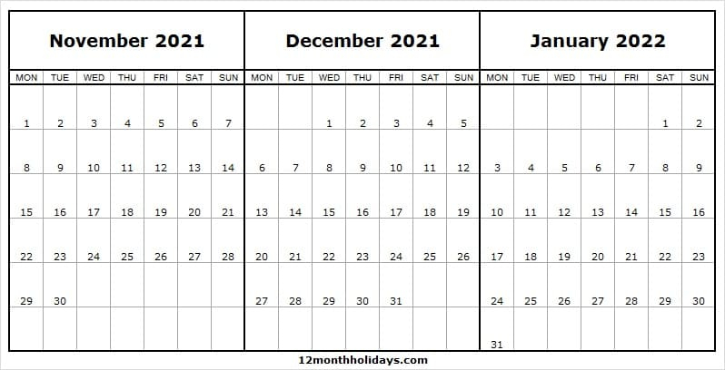 Calendar November 2021 To January 2022 With Weeks | Pinterest