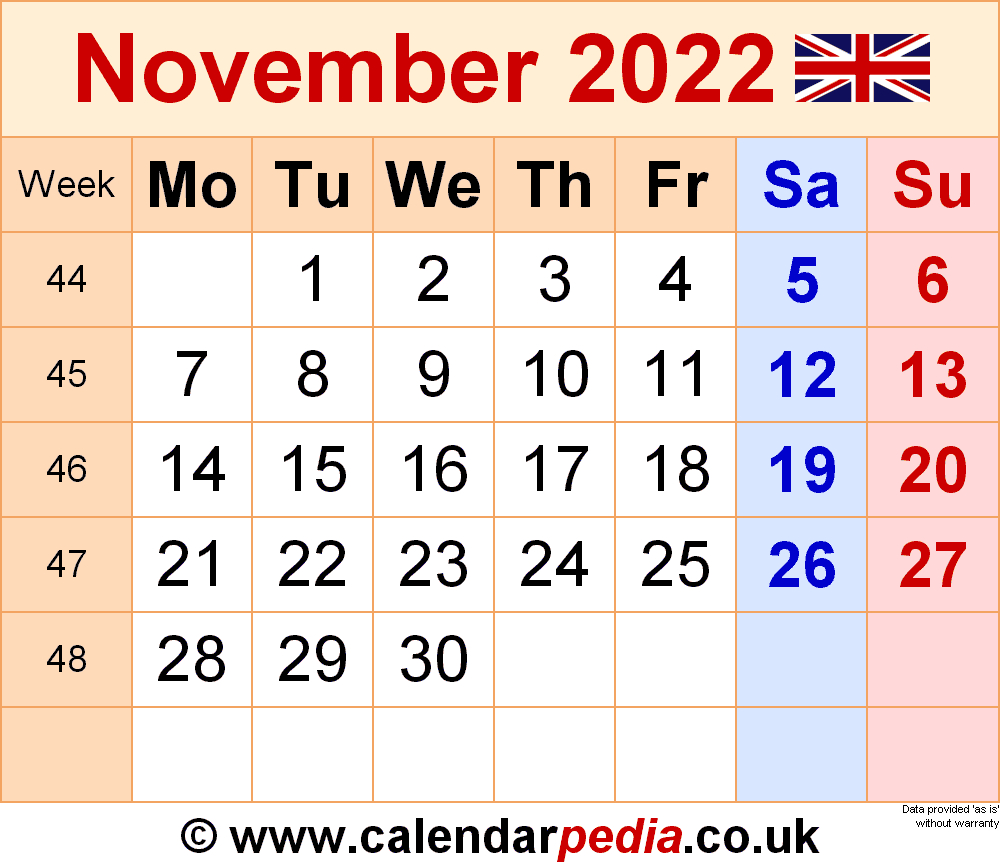 Calendar November 2022 Uk With Excel, Word And Pdf Templates