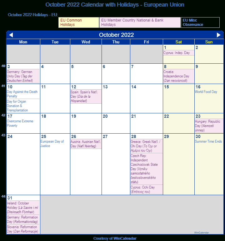 Calendar October 2022 Sepcial Holidays Days - July