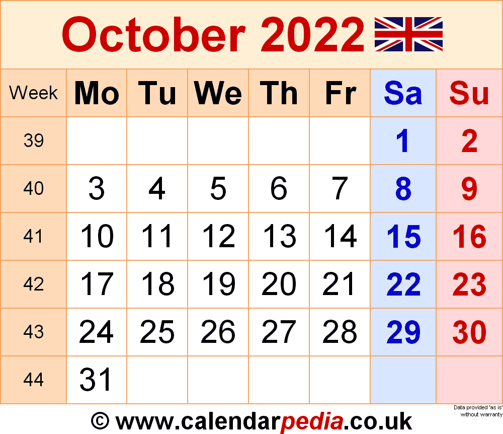 Calendar October 2022 Uk With Excel, Word And Pdf Templates