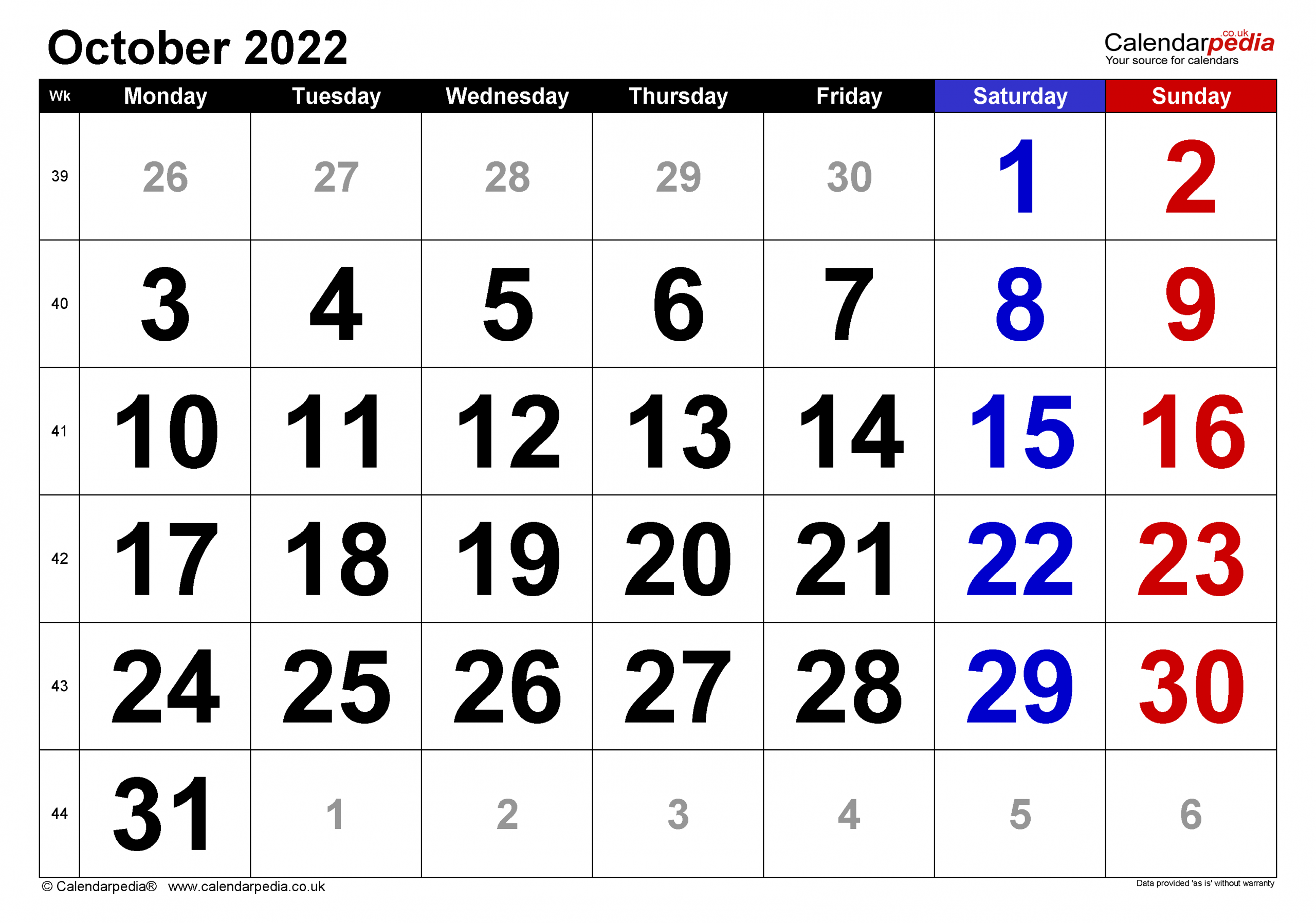 Calendar October 2022 Uk With Excel, Word And Pdf Templates