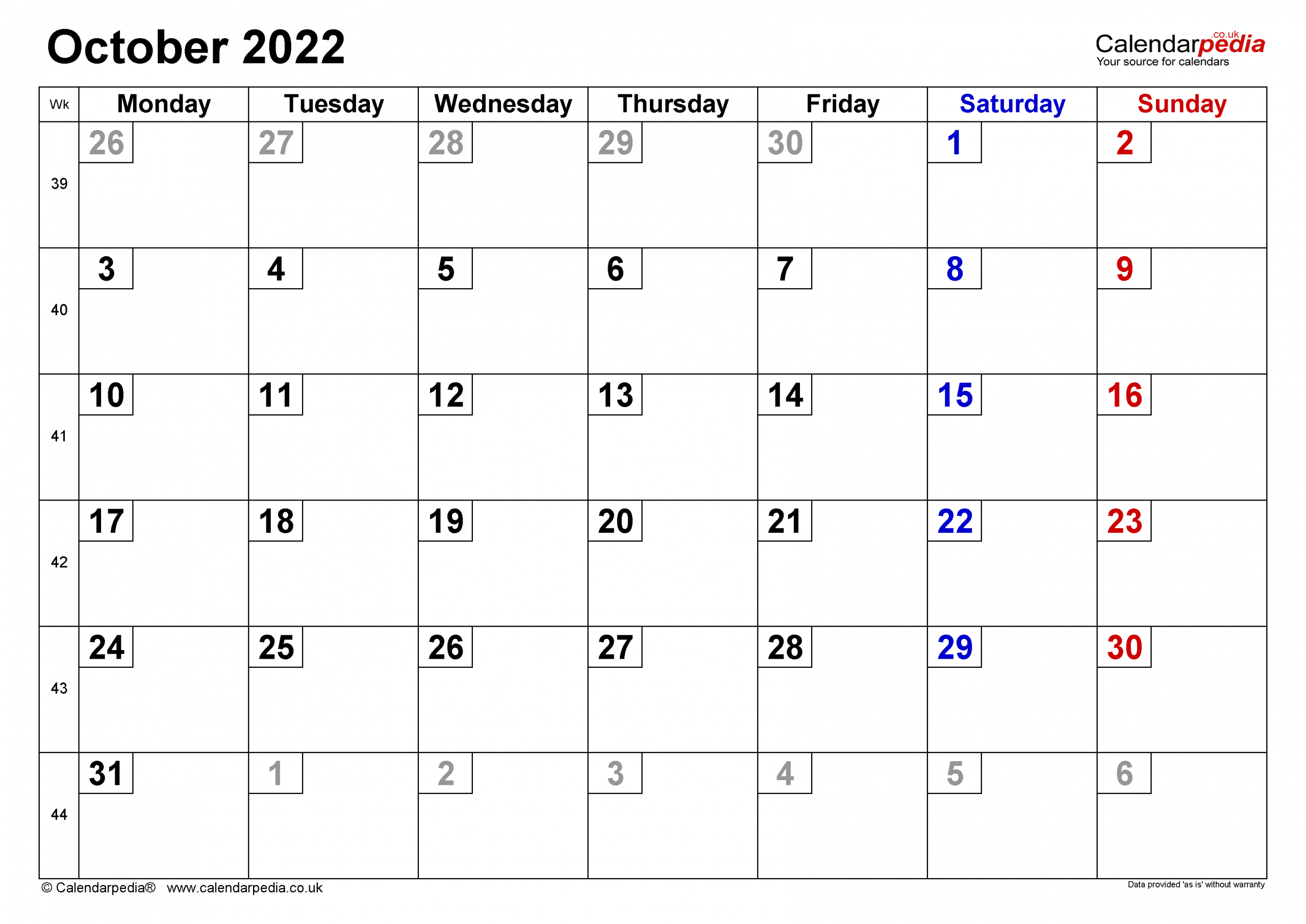 Printable Calendar October 2022 Word