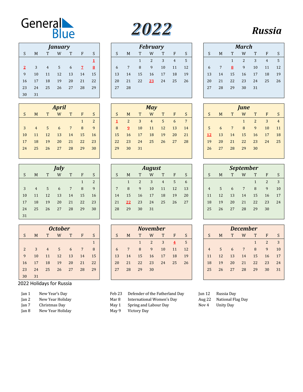 Calendar Russia 2022 Printable - Holiday Calendar 2022