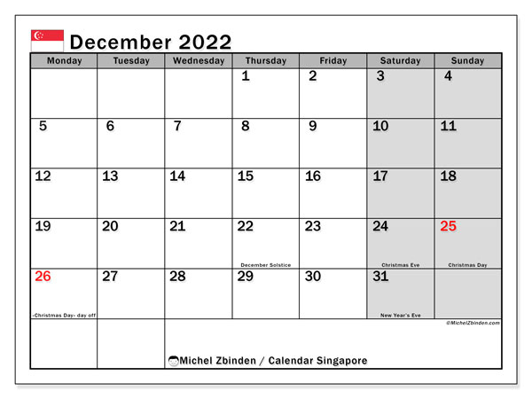 Calendar &quot;Singapore&quot; - Printing December 2022 - Michel