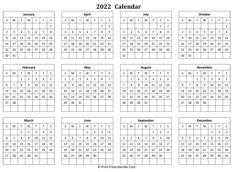 Calendar Yearly 2022 (Landscape Layout)