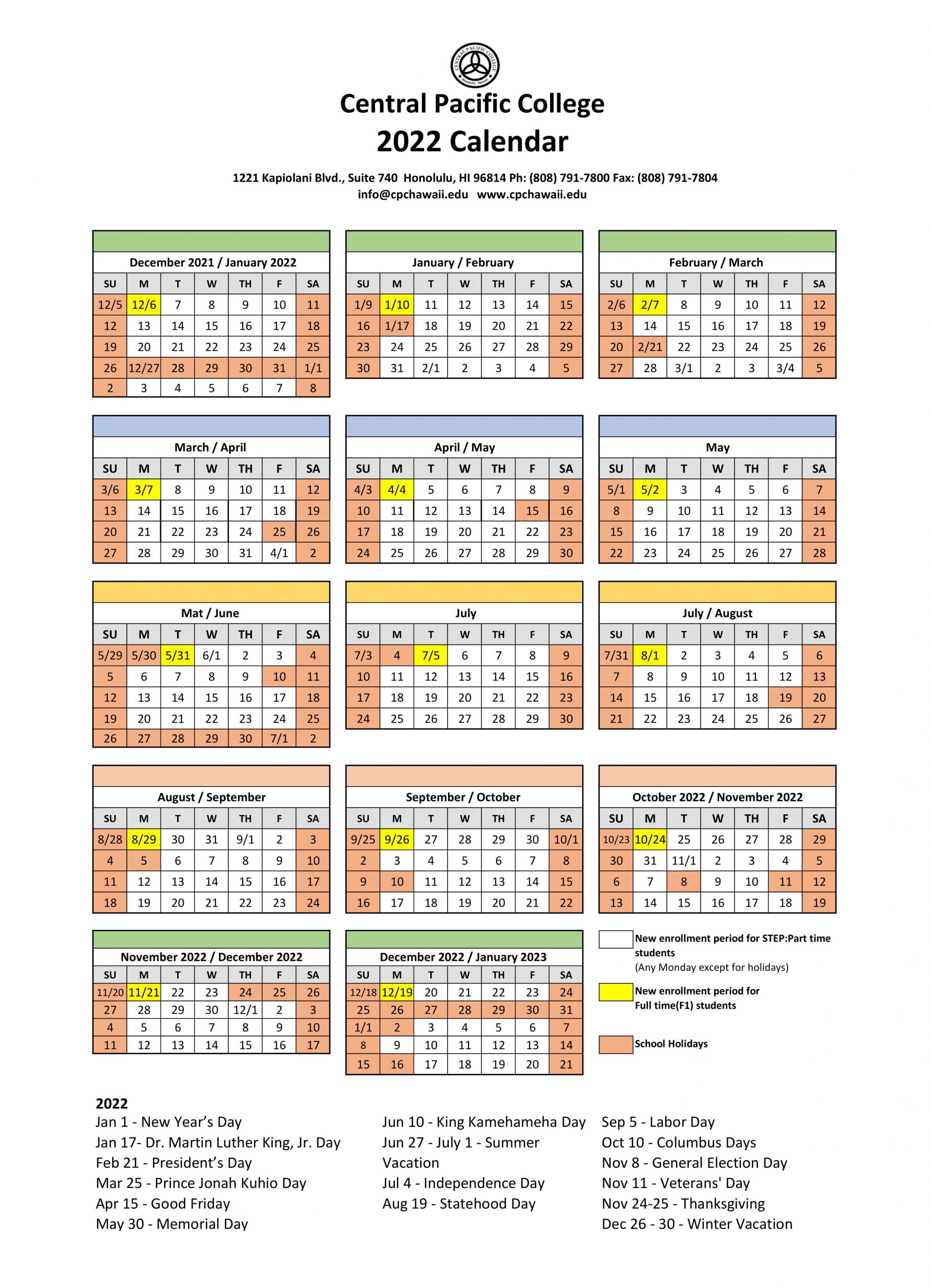 Calendario Scolastico - Central Pacific College