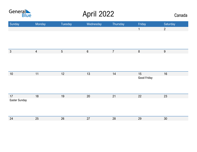 Canada April 2022 Calendar With Holidays