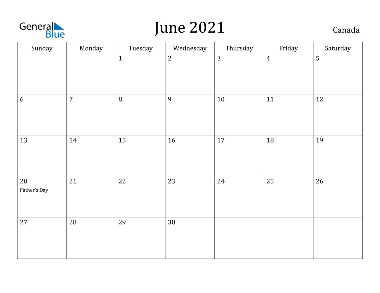Canada June 2021 Calendar With Holidays