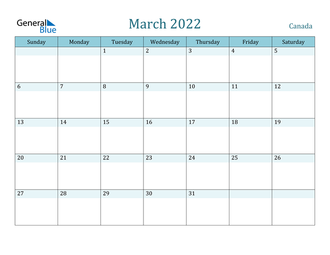 Canada March 2022 Calendar With Holidays