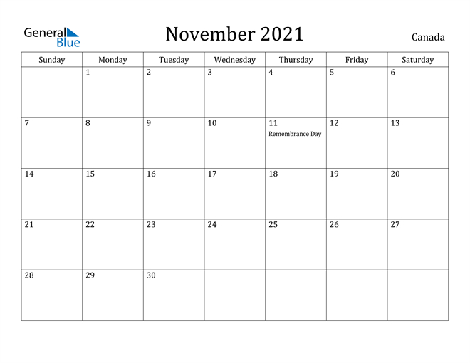 Canada November 2021 Calendar With Holidays