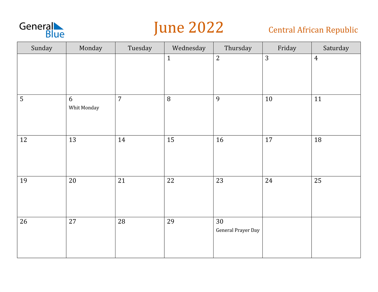 Central African Republic June 2022 Calendar With Holidays