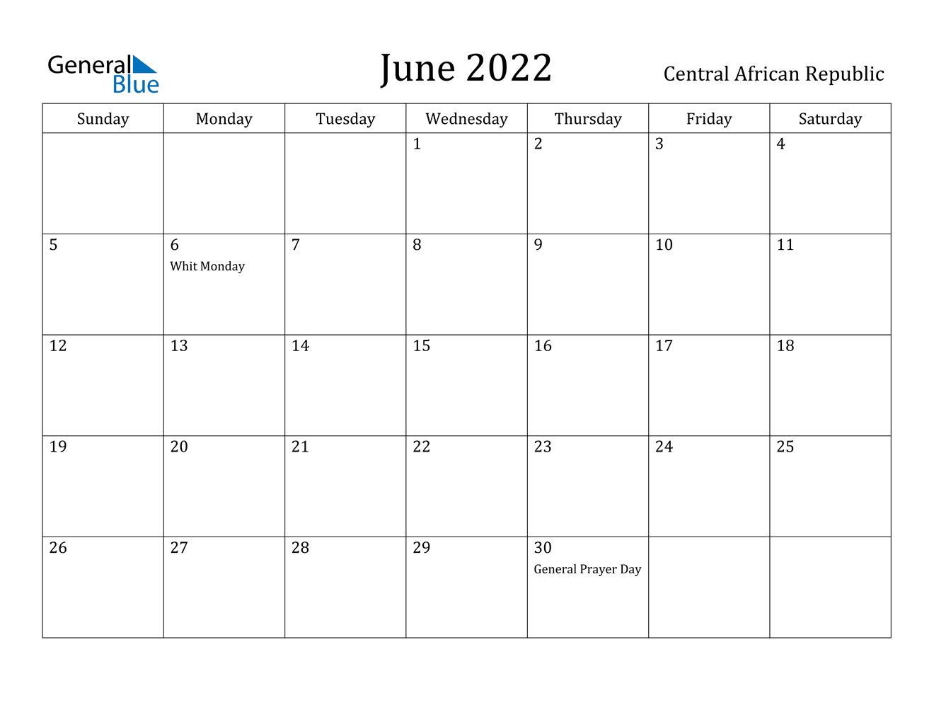 Central African Republic June 2022 Calendar With Holidays
