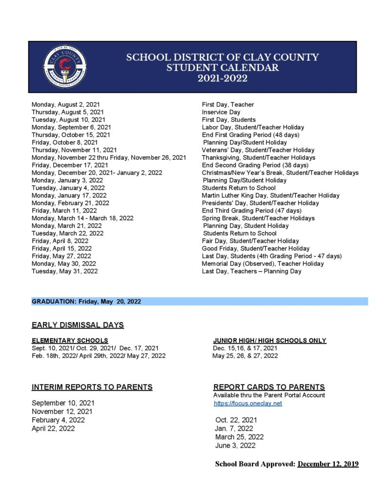 Clay County Schools Calendar 2021-2022 In Pdf Format