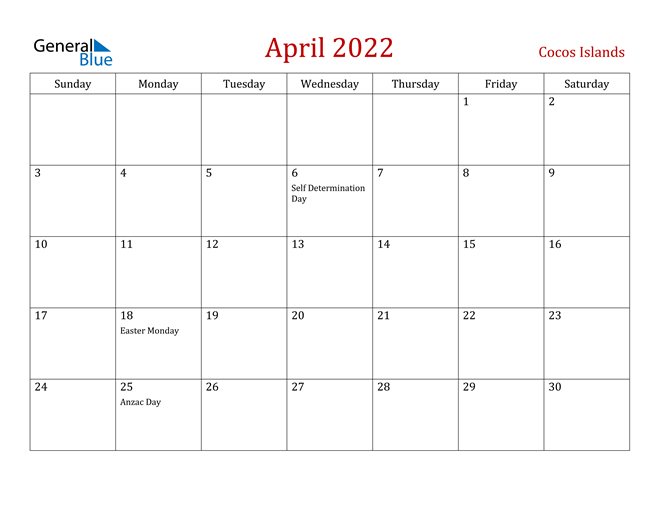 Cocos Islands April 2022 Calendar With Holidays