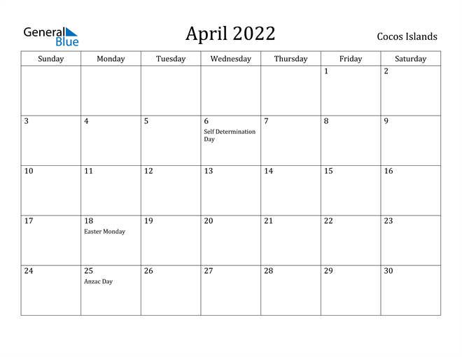 Cocos Islands April 2022 Calendar With Holidays