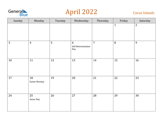 Cocos Islands April 2022 Calendar With Holidays