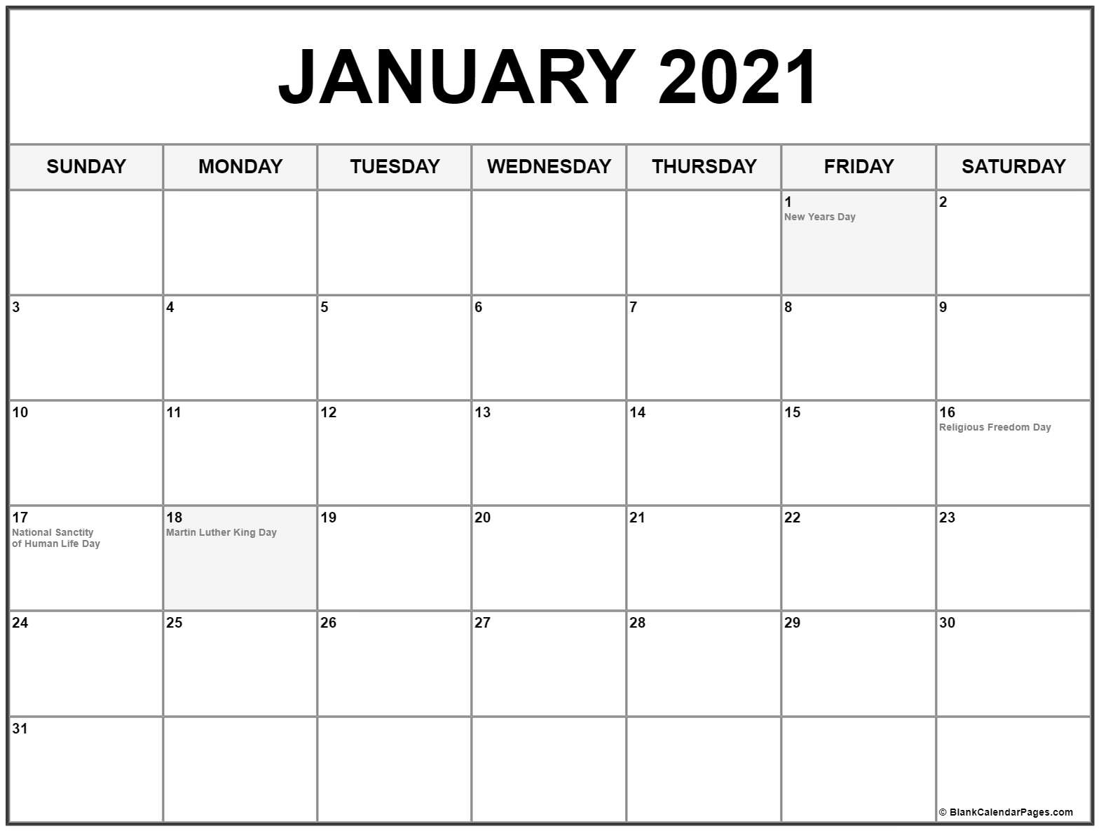 Collection Of January 2021 Calendars With Holidays | Qualads