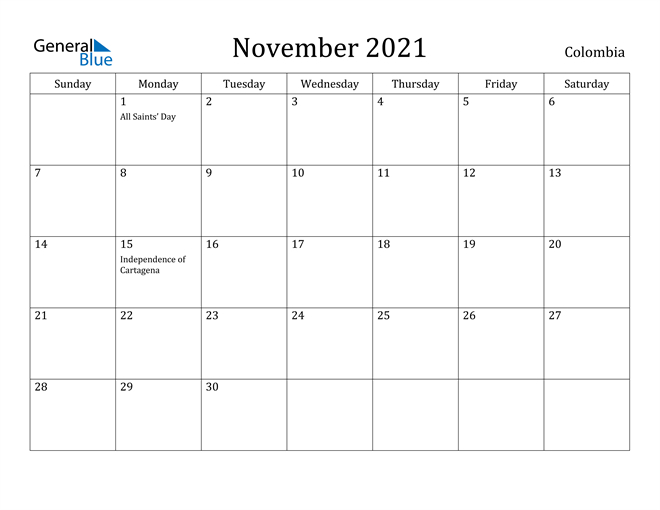 Colombia November 2021 Calendar With Holidays
