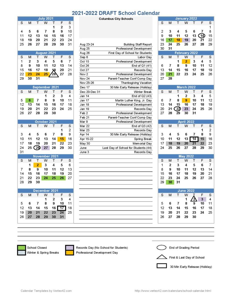 Columbus City Schools Calendar 2022