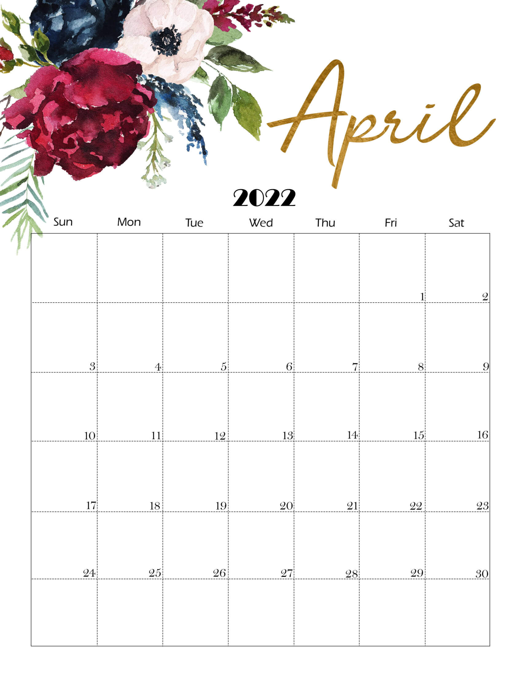 Cute April 2022 Calendar Printable - Floral Designs