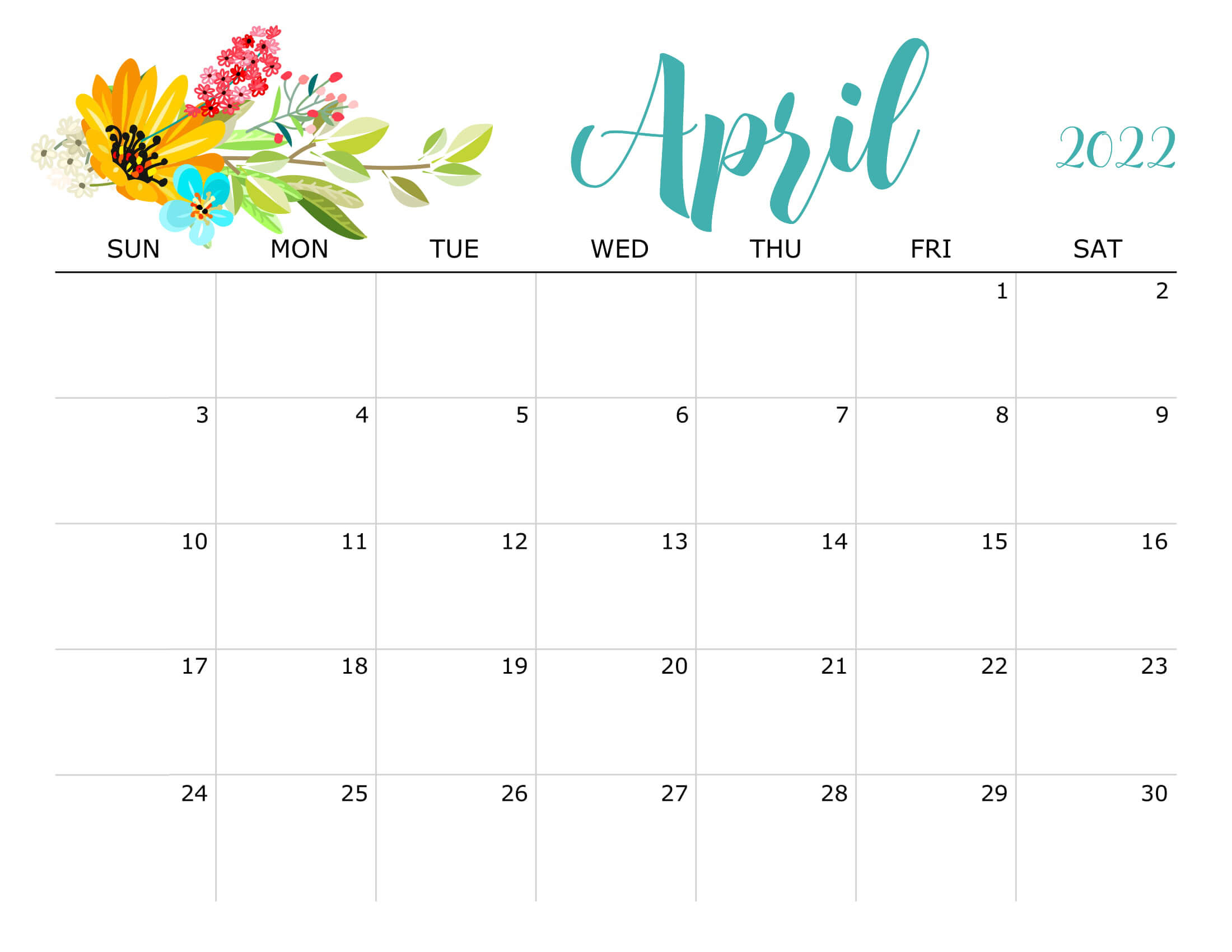 Cute April 2022 Calendar Printable - Floral Designs