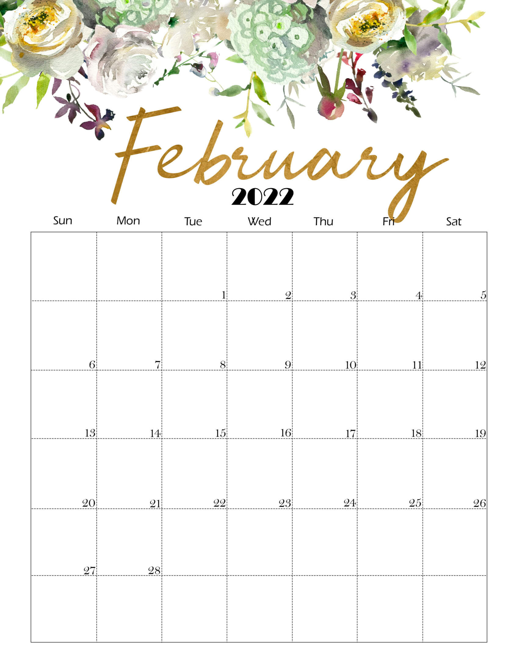 Cute February 2022 Calendar Printable - Floral Designs