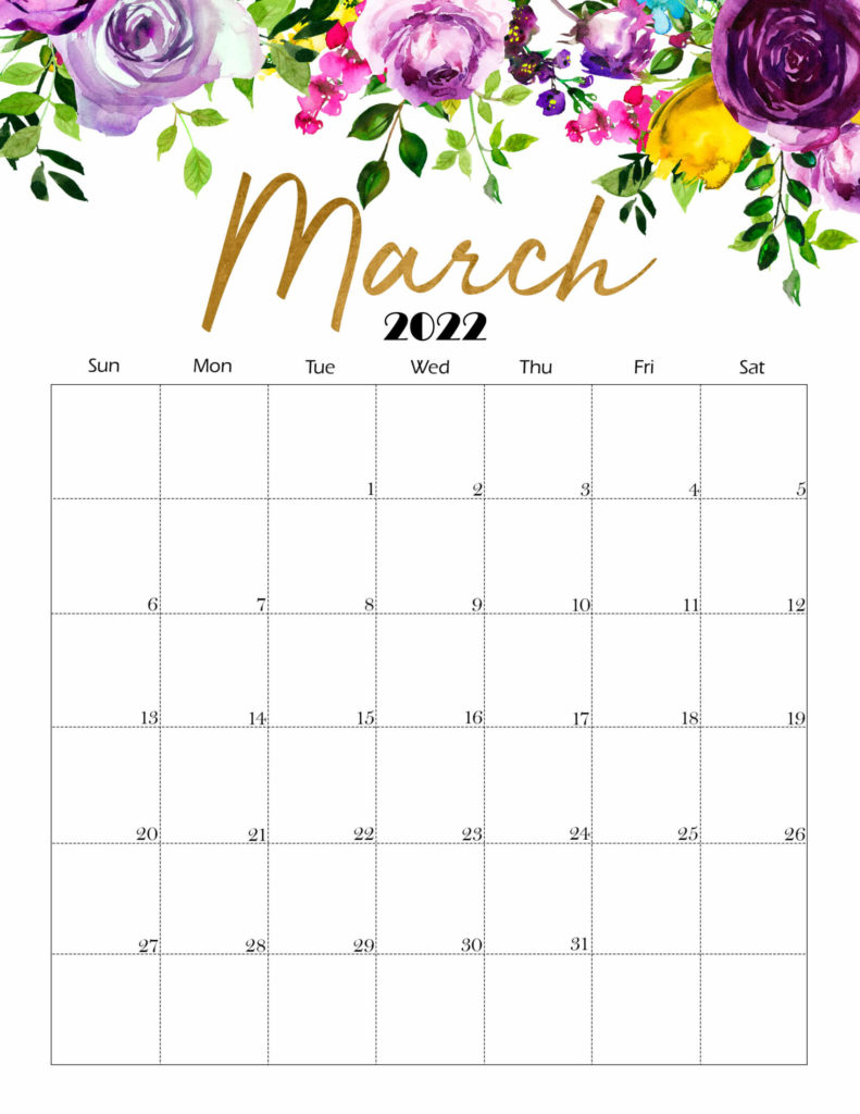 Cute March 2022 Calendar Printable - Floral Designs