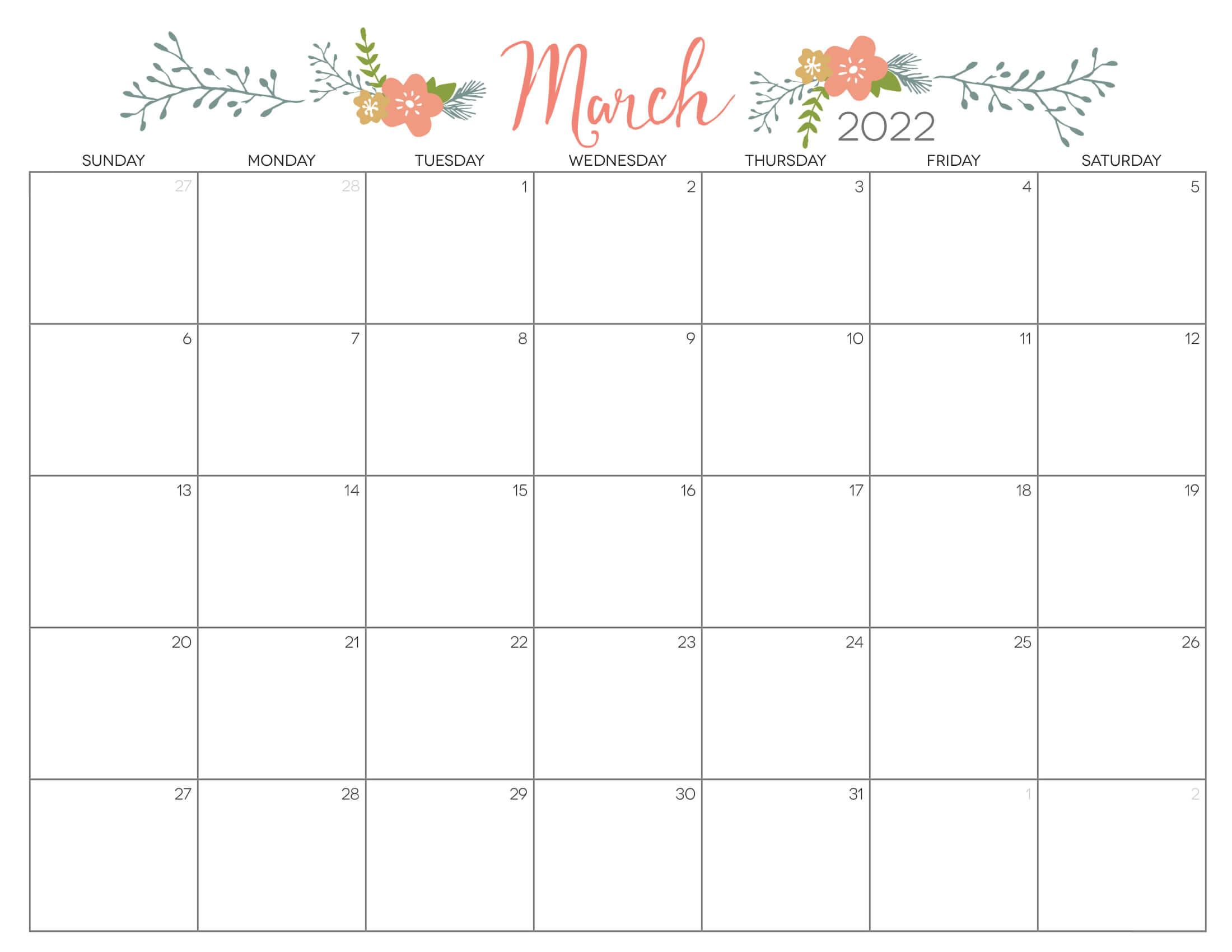 Cute March 2022 Calendar Printable - Floral Designs