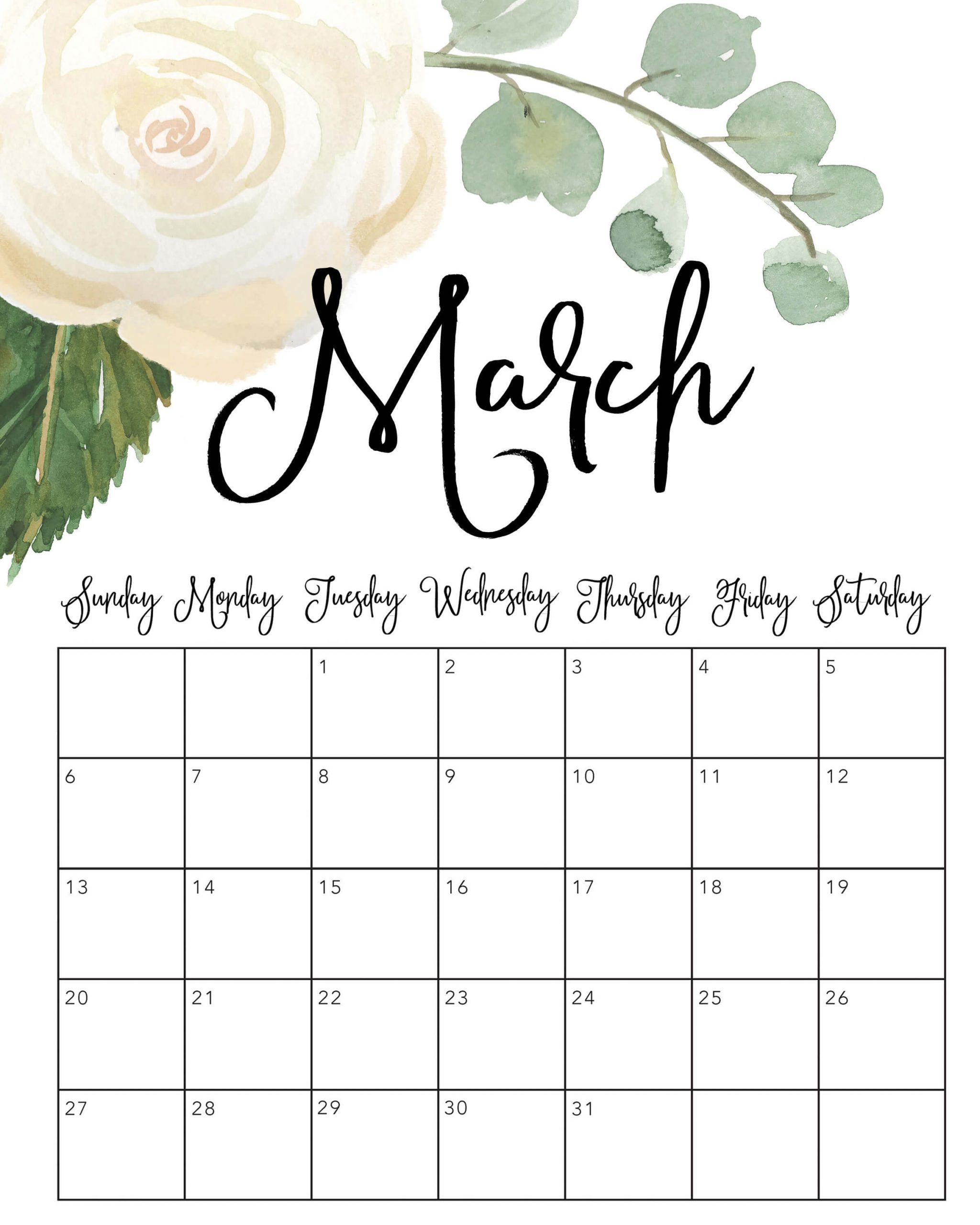 Cute March 2022 Calendar Printable - Floral Designs