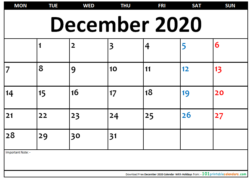December 2020 Calendar Holidays | Holiday Calendar