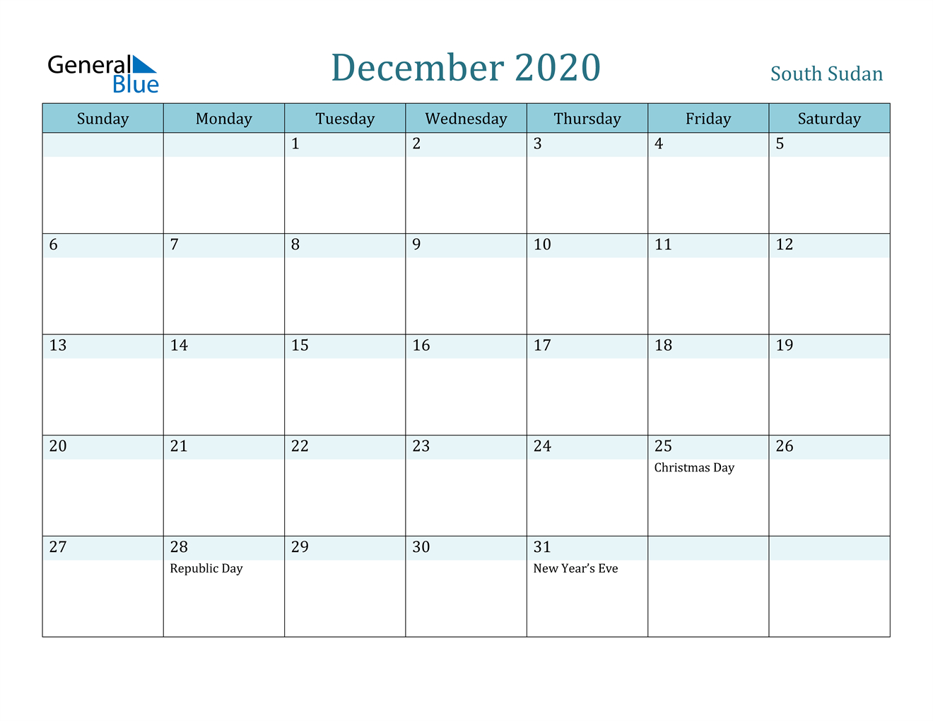December 2020 Calendar - South Sudan