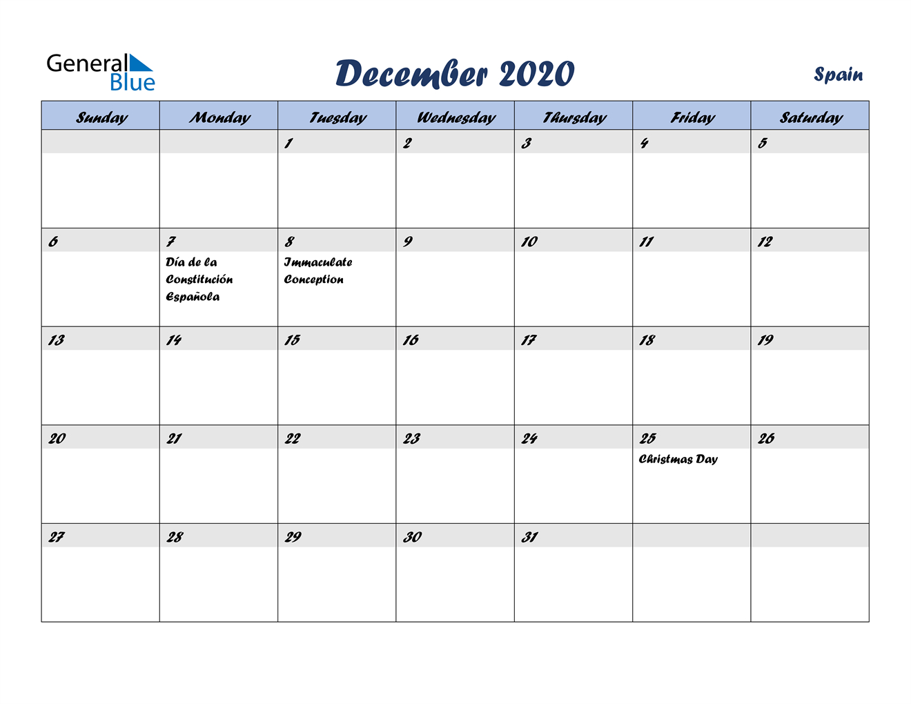 December 2020 Calendar - Spain