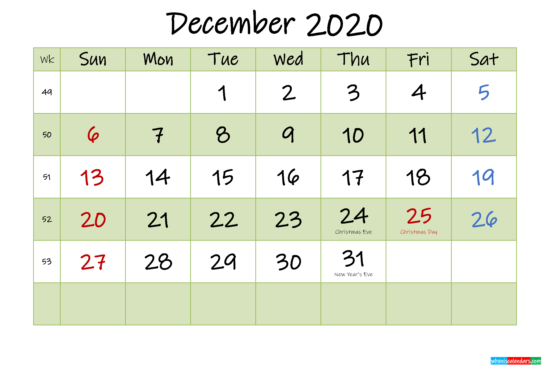 December 2020 Calendar With Holidays Printable - Template