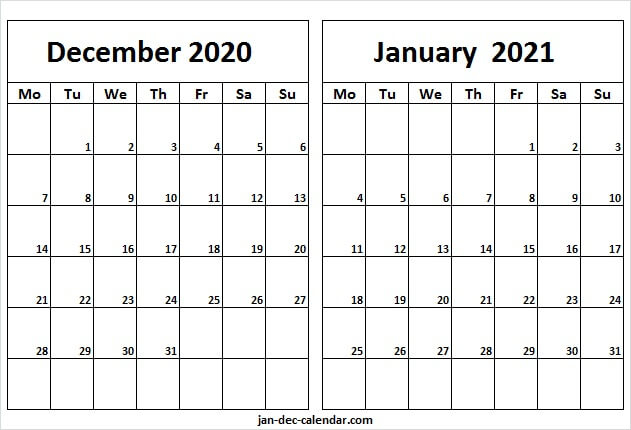 December 2020 January 2021 Calendar Excel Worksheet