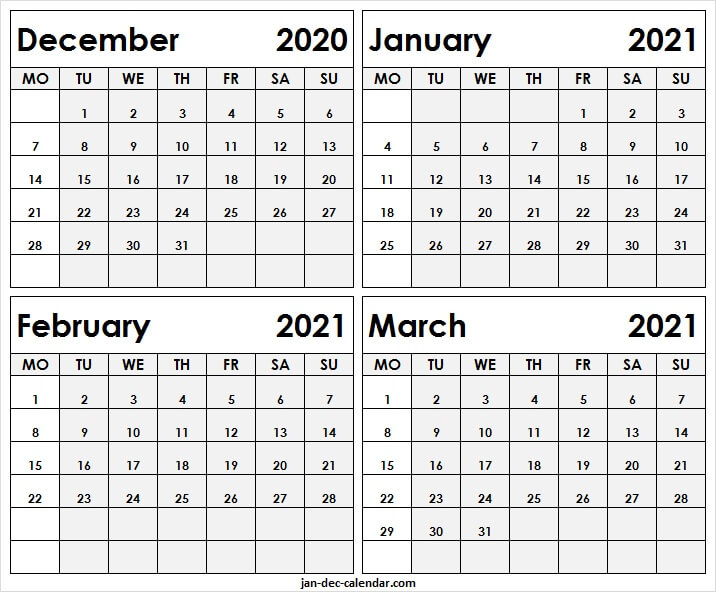 December 2020 To March 2021 Blank Calendar - Four Month