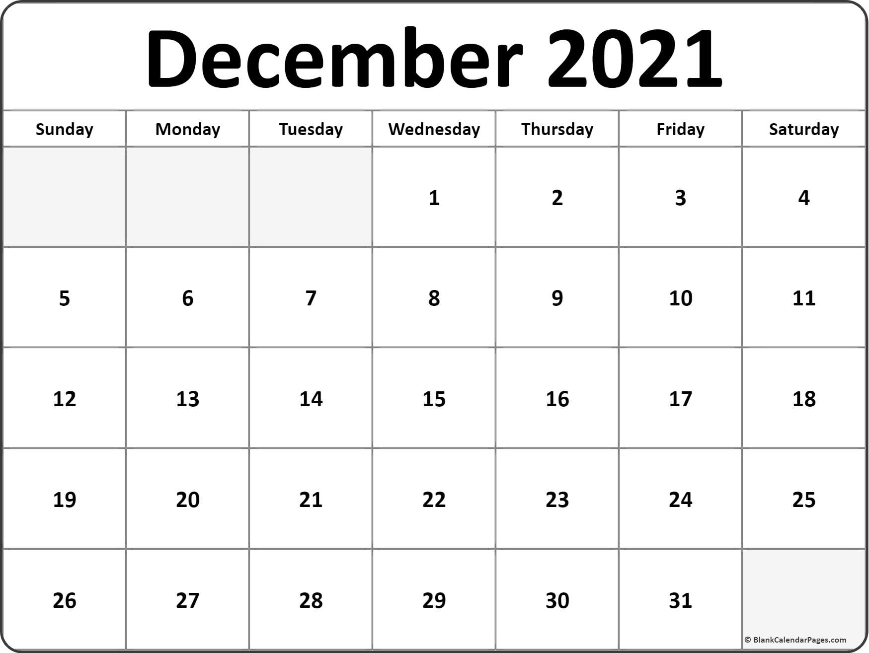 December 2021 Blank Calendar Templates