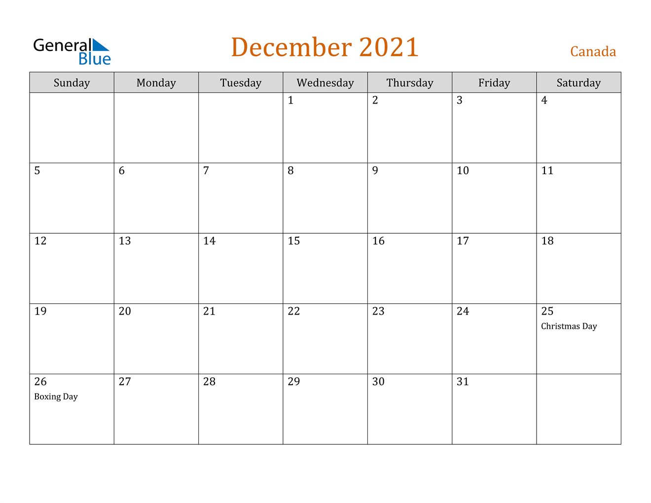 December 2021 Calendar - Canada