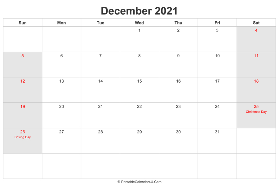 December 2021 Calendar With Uk Bank Holidays Highlighted