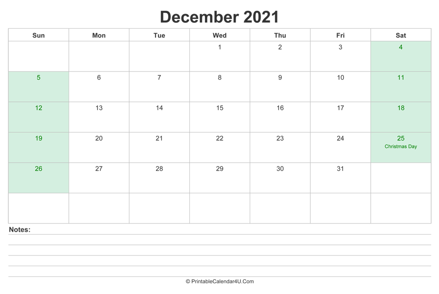 December 2021 Calendar With Us Holidays And Notes