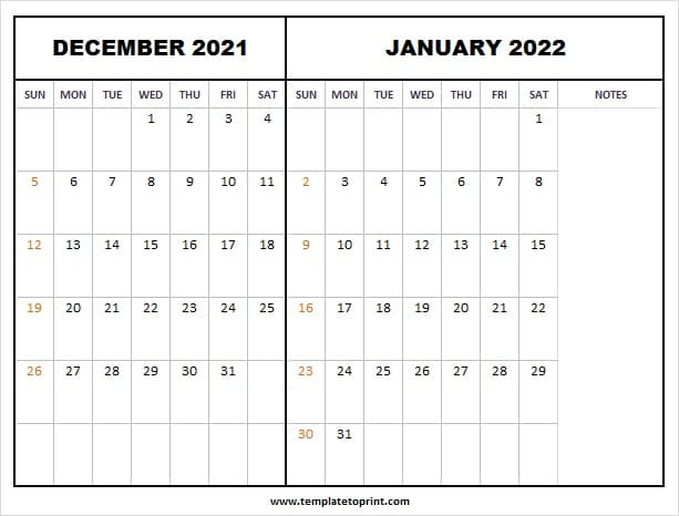 December 2021 January 2022 Calendar A4 | Free Printable