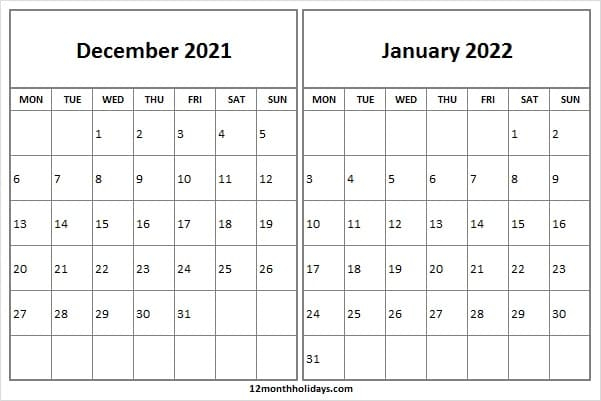 December 2021 January 2022 Calendar Free | Blank 2021 Calendar