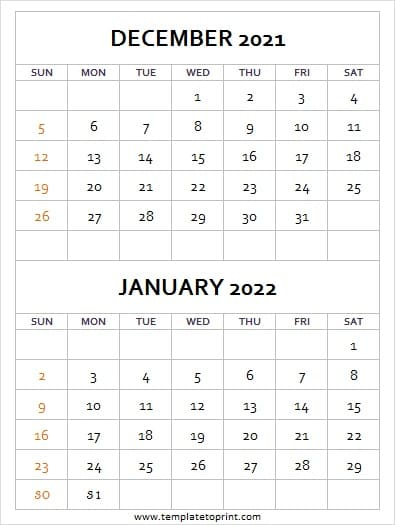 December 2021 January 2022 Calendar Print | 2021 Monthly
