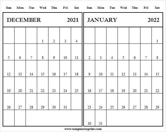 December 2021 January 2022 Calendar Template - 2021